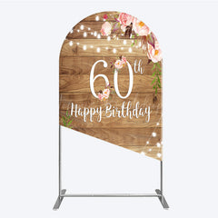 Lofaris Rustic Floral 60th Birthday Arch Backdrop for Women Pink Peony on Wood Background String Lights Party Decor