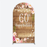 Lofaris Rustic Floral 60th Birthday Arch Backdrop for Women Pink Peony on Wood Background String Lights Party Decor
