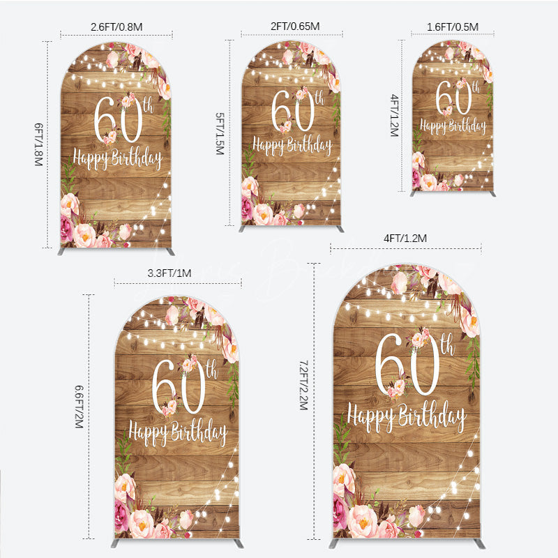 Lofaris Rustic Floral 60th Birthday Arch Backdrop for Women Pink Peony on Wood Background String Lights Party Decor