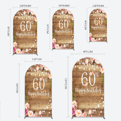 Lofaris Rustic Floral 60th Birthday Arch Backdrop for Women Pink Peony on Wood Background String Lights Party Decor