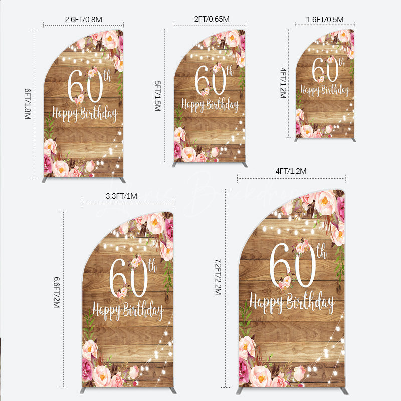 Lofaris Rustic Floral 60th Birthday Half Moon Arch Backdrop for Women Pink Peony on Wood Background String Lights Party Decor