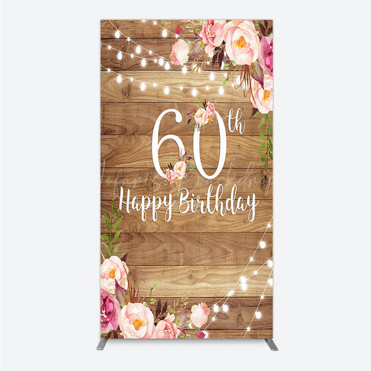 Lofaris Rustic Floral 60th Birthday Rectangle Backdrop for Women Pink Peony on Wood Background String Lights Party Decor