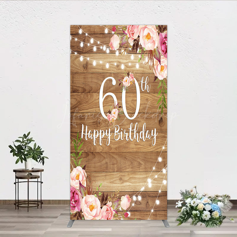 Lofaris Rustic Floral 60th Birthday Rectangle Backdrop for Women Pink Peony on Wood Background String Lights Party Decor