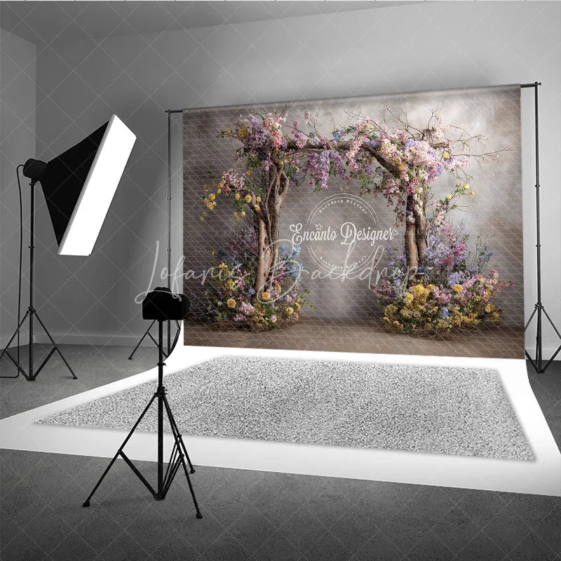 Lofaris Rustic Floral Arch Photography Backdrop Wooden Branches on Textured Wall Fine Art Painterly Photo Background