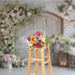 Lofaris Rustic Floral Door Photography Backdrop White Brick Wall with Greenery Farmhouse Wedding Photo Background