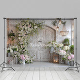 Lofaris Rustic Floral Door Photography Backdrop White Brick Wall with Greenery Farmhouse Wedding Photo Background