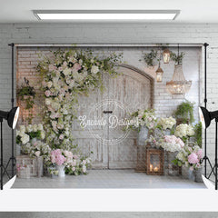 Lofaris Rustic Floral Door Photography Backdrop White Brick Wall with Greenery Farmhouse Wedding Photo Background