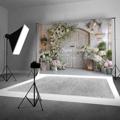 Lofaris Rustic Floral Door Photography Backdrop White Brick Wall with Greenery Farmhouse Wedding Photo Background