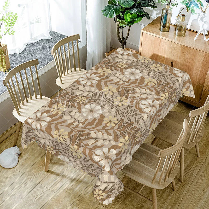 Lofaris Rustic Floral Rectangle Tablecloth Beige and Brown Botanical Print Elegant Farmhouse Kitchen Dining Decor