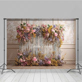 Lofaris Rustic Floral Wall Photography Backdrop Vintage Wood Panels with Colorful Flowers Shabby Chic Wedding Prop
