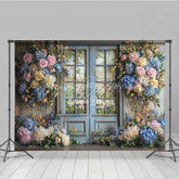 Lofaris Rustic Floral Wedding Backdrop Blue French Door with Garden View Pink Rose Hydrangea Photography Background for Bridal Shower