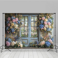Lofaris Rustic Floral Wedding Backdrop Blue French Door with Garden View Pink Rose Hydrangea Photography Background for Bridal Shower