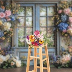 Lofaris Rustic Floral Wedding Backdrop Blue French Door with Garden View Pink Rose Hydrangea Photography Background for Bridal Shower