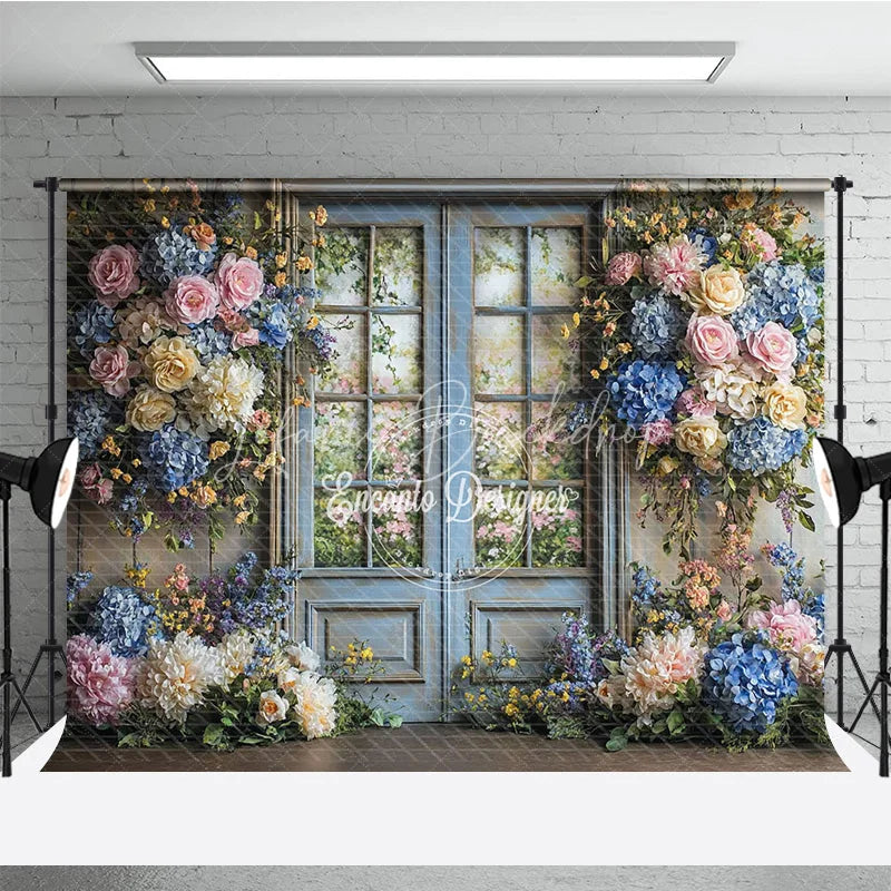 Lofaris Rustic Floral Wedding Backdrop Blue French Door with Garden View Pink Rose Hydrangea Photography Background for Bridal Shower