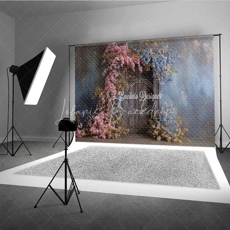 Lofaris Rustic Floral Wedding Backdrop Vintage Dark Wood Door Background Pink and Blue Blossoms Bridal Shower Photo Prop