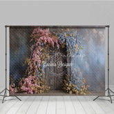Lofaris Rustic Floral Wedding Backdrop Vintage Dark Wood Door Background Pink and Blue Blossoms Bridal Shower Photo Prop