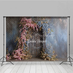 Lofaris Rustic Floral Wedding Backdrop Vintage Dark Wood Door Background Pink and Blue Blossoms Bridal Shower Photo Prop