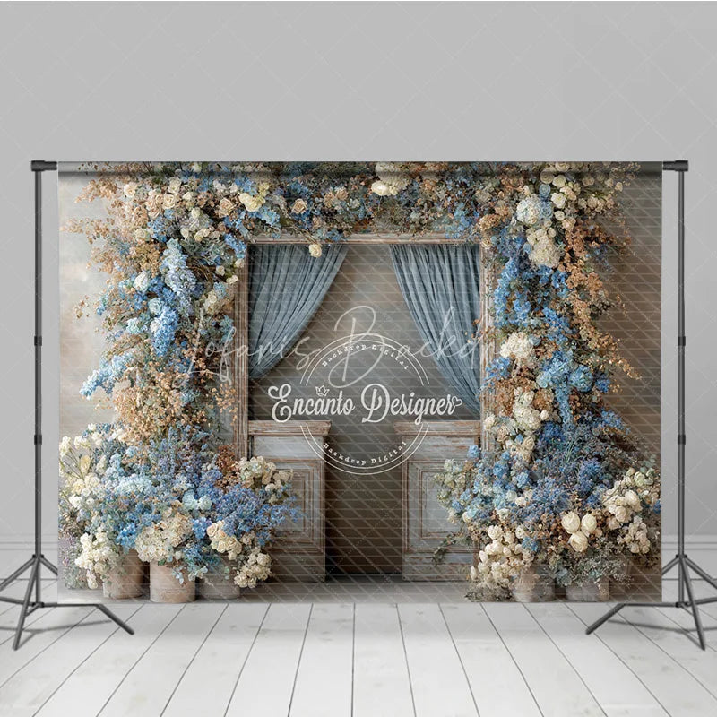 Lofaris Rustic Floral Wedding Backdrop Vintage Door with Blue Curtains and White Hydrangea Photography Prop