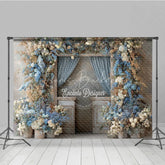 Lofaris Rustic Floral Wedding Backdrop Vintage Door with Blue Curtains and White Hydrangea Photography Prop