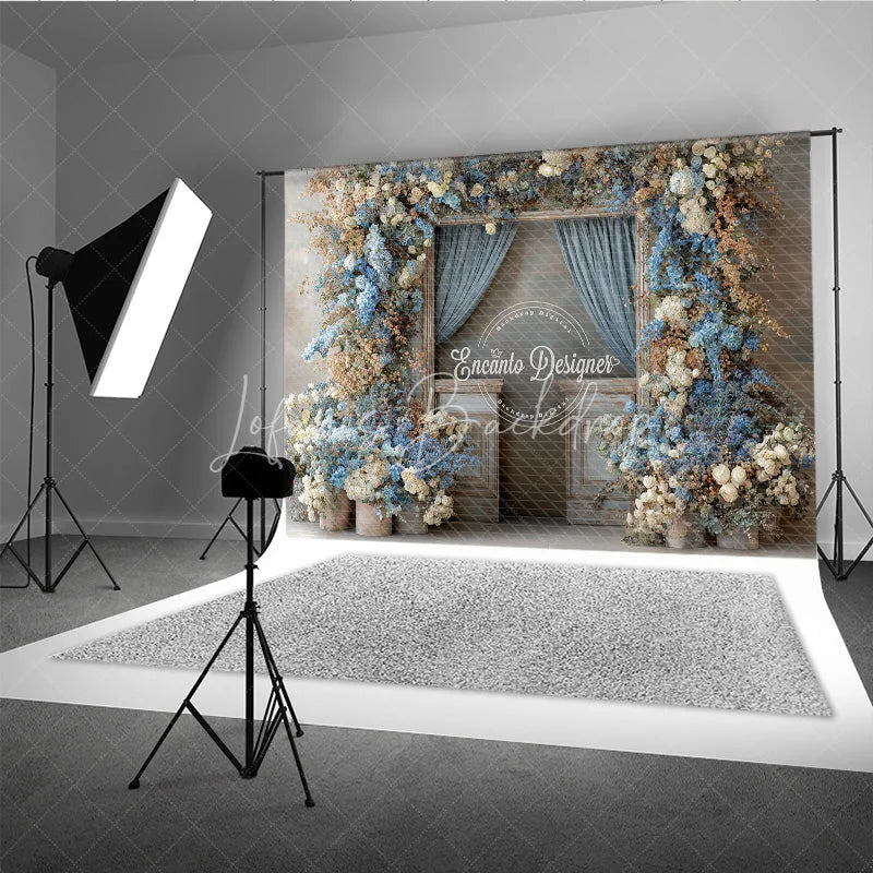 Lofaris Rustic Floral Wedding Backdrop Vintage Door with Blue Curtains and White Hydrangea Photography Prop
