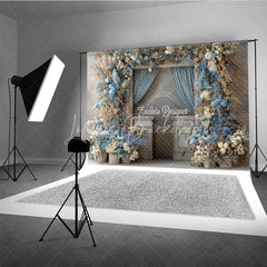 Lofaris Rustic Floral Wedding Backdrop Vintage Door with Blue Curtains and White Hydrangea Photography Prop