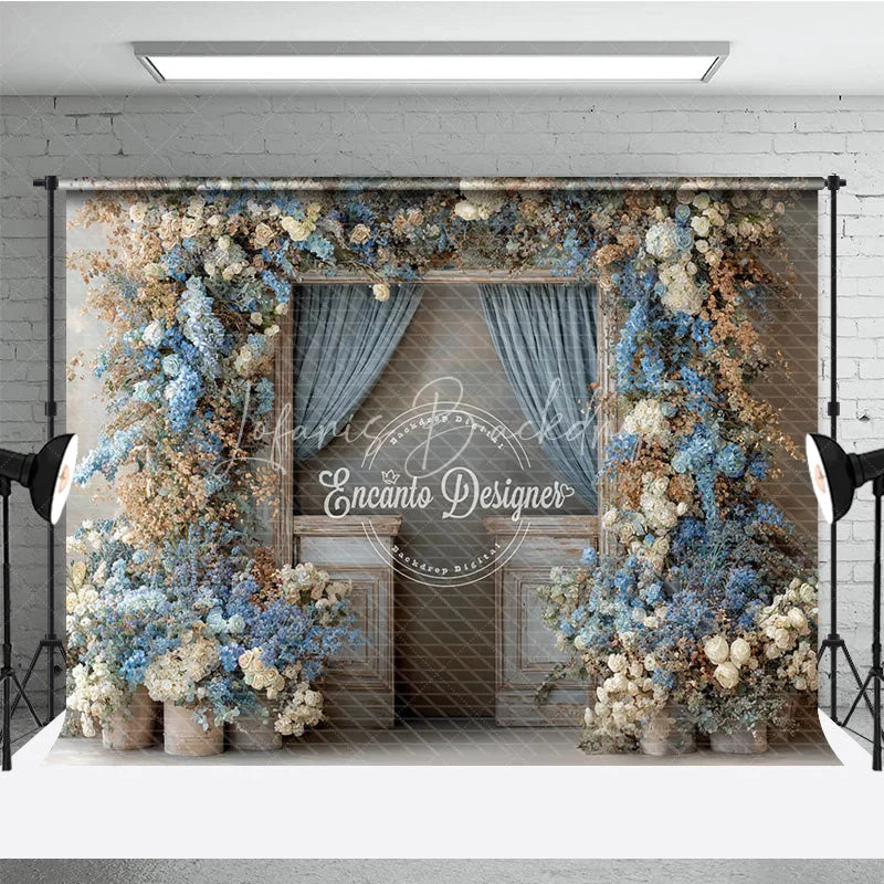 Lofaris Rustic Floral Wedding Backdrop Vintage Door with Blue Curtains and White Hydrangea Photography Prop