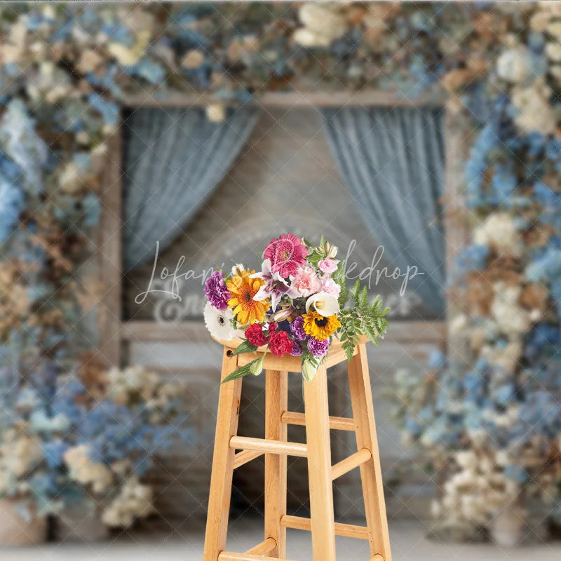 Lofaris Rustic Floral Wedding Backdrop Vintage Door with Blue Curtains and White Hydrangea Photography Prop