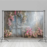 Lofaris Rustic Floral Wedding Backdrop Vintage Wooden Door Photo Background Pink Rose on Grey Wall Bridal Shower Decor