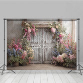 Lofaris Rustic Floral Wedding Backdrop White Barn Door Photo Background Pink and Blue Flowers for Bridal Shower Decor