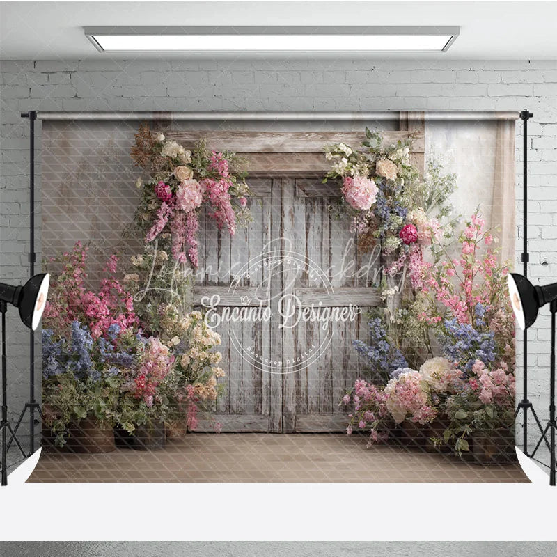 Lofaris Rustic Floral Wedding Backdrop White Barn Door Photo Background Pink and Blue Flowers for Bridal Shower Decor