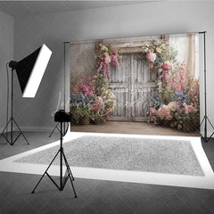 Lofaris Rustic Floral Wedding Backdrop White Barn Door Photo Background Pink and Blue Flowers for Bridal Shower Decor