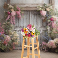 Lofaris Rustic Floral Wedding Backdrop White Barn Door Photo Background Pink and Blue Flowers for Bridal Shower Decor