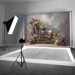 Lofaris Rustic Floral Woodland Backdrop Wooden Steps with Flowers Background Enchanted Forest Wedding Photo Props