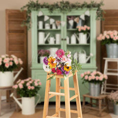 Lofaris Rustic Flower Market Photography Backdrop Sage Green Hutch with Pink Roses Farmhouse Style Spring Photo Prop