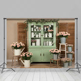 Lofaris Rustic Flower Market Photography Backdrop Sage Green Hutch with Pink Roses Farmhouse Style Spring Photo Prop