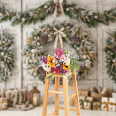 Lofaris Rustic Frosted Christmas Wreath and Garland Holiday Backdrop Elegant Winter Scene with Wrapped Gifts