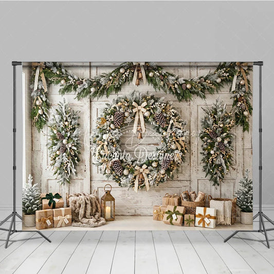 Lofaris Rustic Frosted Christmas Wreath and Garland Holiday Backdrop Elegant Winter Scene with Wrapped Gifts