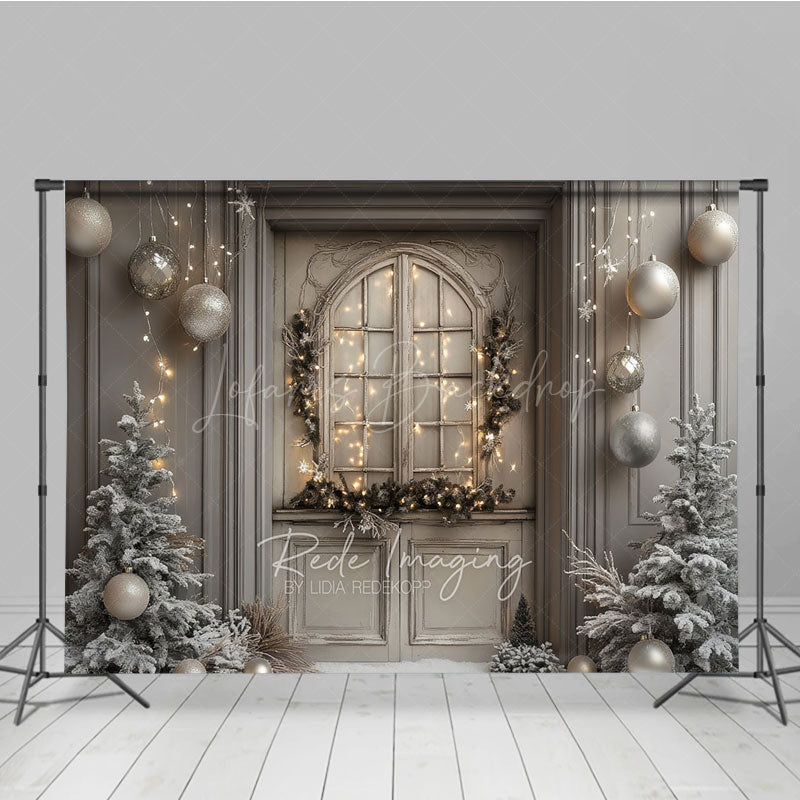 Lofaris Rustic Grey Door Christmas Photography Backdrop Flocked Trees and Snow Neutral Holiday Mini Session Background