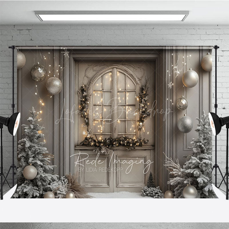 Lofaris Rustic Grey Door Christmas Photography Backdrop Flocked Trees and Snow Neutral Holiday Mini Session Background
