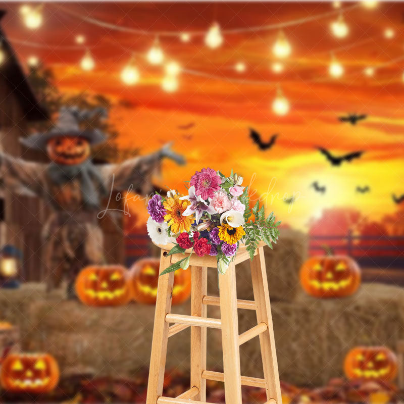 Lofaris Rustic Halloween Scarecrow Backdrop Pumpkin Patch at the Barn with String Lights Fall Harvest Party Decor