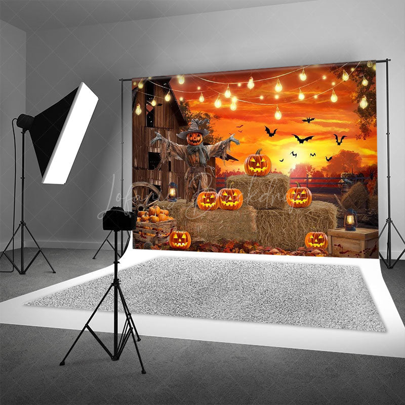 Lofaris Rustic Halloween Scarecrow Backdrop Pumpkin Patch at the Barn with String Lights Fall Harvest Party Decor