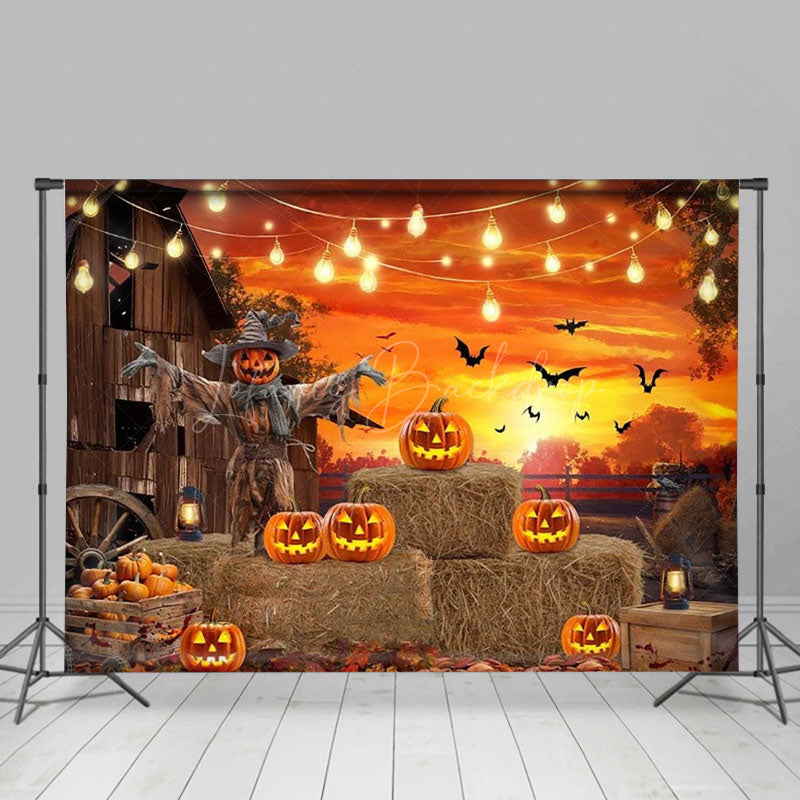 Lofaris Rustic Halloween Scarecrow Backdrop Pumpkin Patch at the Barn with String Lights Fall Harvest Party Decor