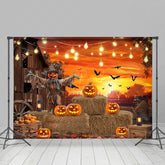 Lofaris Rustic Halloween Scarecrow Backdrop Pumpkin Patch at the Barn with String Lights Fall Harvest Party Decor
