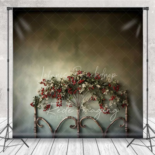 Lofaris Rustic Iron Bed Backdrop Vintage Headboard Red Berry Garland Moody Green Wall Photo Background