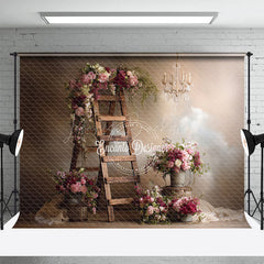 Lofaris Rustic Ladder with Flowers Photography Backdrop Farmhouse Wedding Decor Romantic Chandelier Photo Background