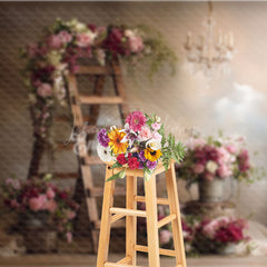Lofaris Rustic Ladder with Flowers Photography Backdrop Farmhouse Wedding Decor Romantic Chandelier Photo Background