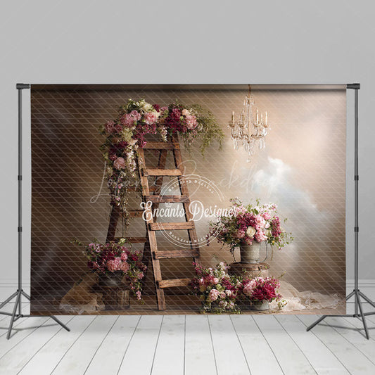 Lofaris Rustic Ladder with Flowers Photography Backdrop Farmhouse Wedding Decor Romantic Chandelier Photo Background