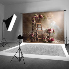 Lofaris Rustic Ladder with Flowers Photography Backdrop Farmhouse Wedding Decor Romantic Chandelier Photo Background