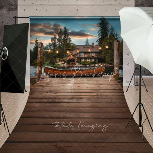 Lofaris Rustic Lake Cabin Wooden Dock Backdrop Vintage Canoe and String Lights Photography Background for Portrait