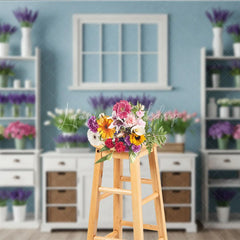 Lofaris Rustic Light Blue Wall Photography Backdrop with White Window Lavender and Tulips Floral Decor